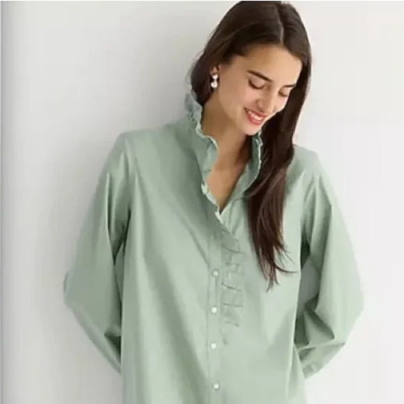 NWT J. Crew Cottage Shirt Dress in Cotton Poplin Green Long Sleeve Mini Womens 0 - Picture 4 of 6
